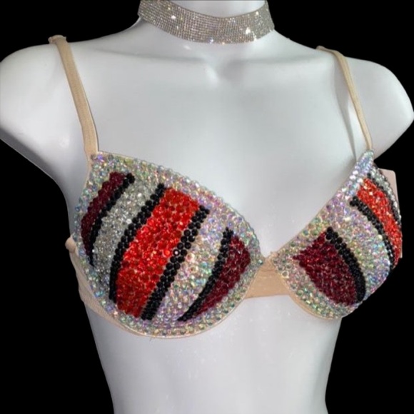 Crystal Rhinestone Pinstripe Glam Bling Red Tones Bra Top All Sizes New - Picture 5 of 14